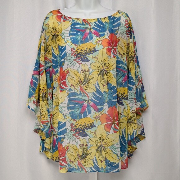 Chico's Tropical Floral Pullover Poncho Sheer Chiffon Kimono Top Size L/XL - Picture 1 of 7